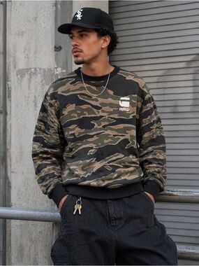 G-Star RAW Camo Crewneck Sweatshirt Men’s Large Streetwear Black Olive Pullover